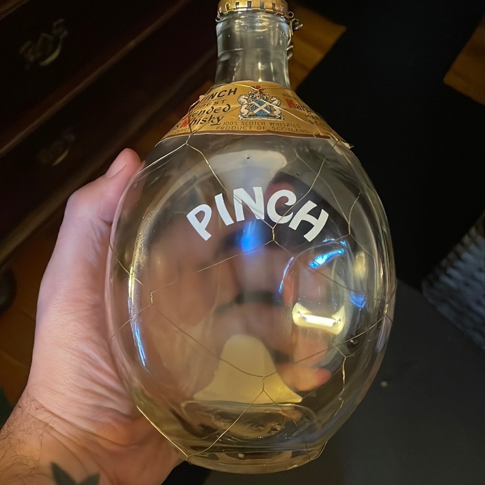 Antique unusual hand blown 3 sided Pinch whiskey bottle.